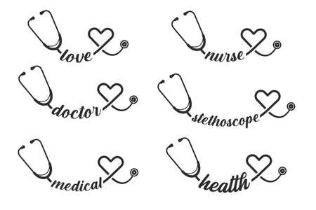 Stethoscope icon set, Hand drawn stethoscope vector illustration, medical illustration, Typography, Love Stethoscope, Medical Stethoscope, concept, stethoscope heart vectorのイラスト素材