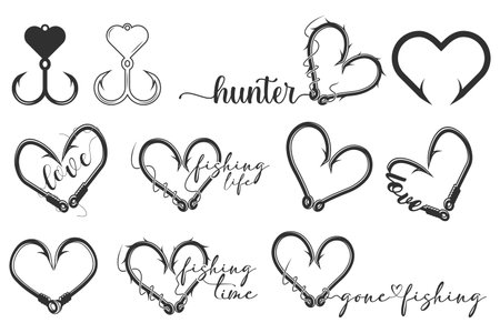 Heart-shaped Fishing Hook Bundle, Romantic Fishing Hook Design, Fishing Love typography Bundle, Fisherman's Loveのイラスト素材