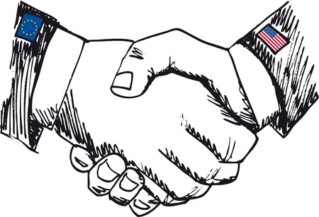 Alliance between countries. Sketch of business hand shake between two colleagues. Vector illustration のイラスト素材