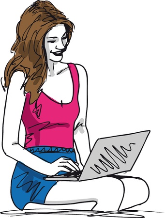 Sketch of Young woman with laptop  Vector illustrationのイラスト素材