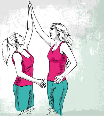 Sketch of happy young women. vector illustrationのイラスト素材