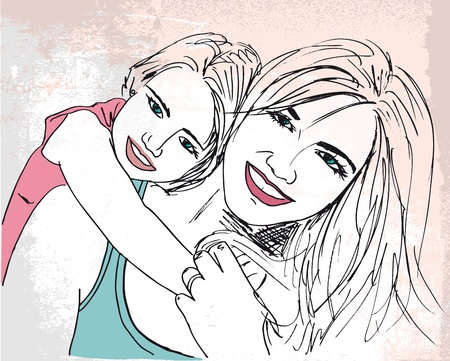 Sketch of little girl having fun with her beautiful mother. Vector illustrationのイラスト素材