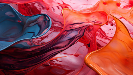 Abstract background of acrylic paints in red, blue and black colors.