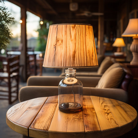 Wooden table and lamp in coffee shop - vintage effect style pictures lamp shade