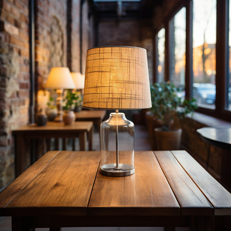 Lamp on a wooden table in a cafe with a brick wall lamp shadeの写真素材