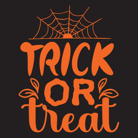 Trick or treat hand drawn lettering with spider web and leaves. Vector illustration.のイラスト素材
