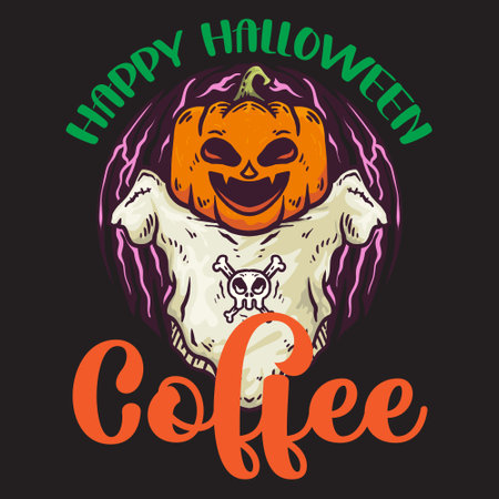 Halloween design template with pumpkin, skull and lettering. Vector illustration.のイラスト素材
