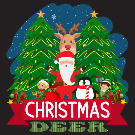Merry Christmas and Happy New Year greeting card with Santa Claus, Reindeer, Snowman and elf. Vector illustration.のイラスト素材