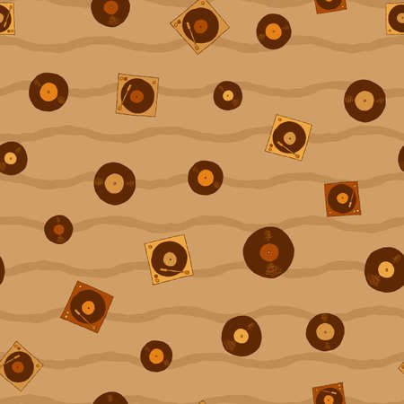 Vector retro turntable record players and vinyl records seamless repeat pattern background. Perfect for fabric, wallpaper, wrapping paper, scrapbooking projects.のイラスト素材