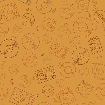 Vector retro turntable record players and vinyl records seamless repeat pattern background. Perfect for fabric, wallpaper, wrapping paper, scrapbooking projects.のイラスト素材