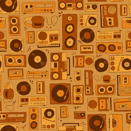 Vector retro music players and technology seamless repeat pattern background. Perfect for fabric, wallpaper, wrapping paper, scrapbooking projects.のイラスト素材
