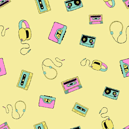 Vector nostalgic 80s 90s retro cassette tape, walkman, and headphones seamless repeat pattern background. Perfect for fabric, wallpaper, wrapping paper, scrapbooking projects.のイラスト素材