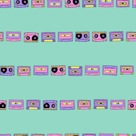 Vector nostalgic 80s 90s retro cassette tape stripe seamless repeat pattern background. Perfect for fabric, wallpaper, wrapping paper, scrapbooking projects.のイラスト素材