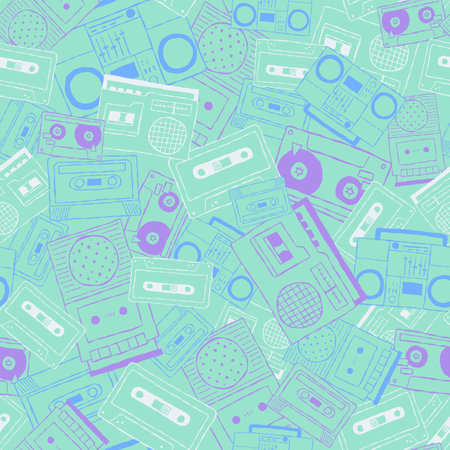 Vector nostalgic 80s 90s retro cassette tape, boombox, tape player, tape recorder seamless repeat pattern background. Perfect for fabric, wallpaper, wrapping paper, scrapbooking projects.のイラスト素材