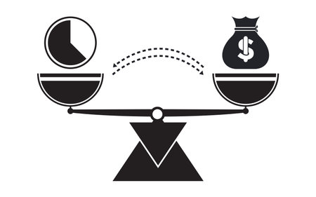 Time and money scale icons. Weigh with hours and coins. Balance. Vector illustration element
