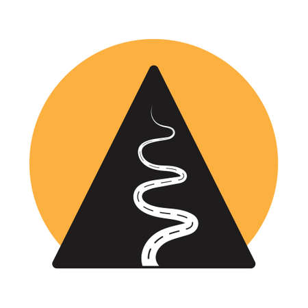 Flat vector icon a tall mountain and hiking trail with sun for apps and websitesのイラスト素材