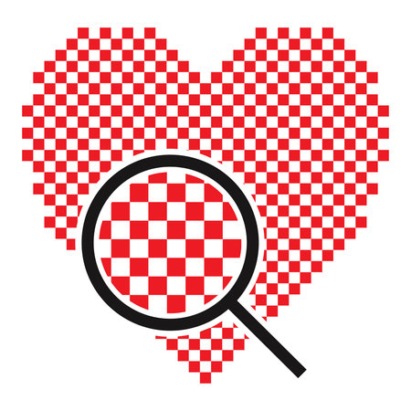 Pixel heart with magnifying glass flat vector icon for apps and websiteのイラスト素材