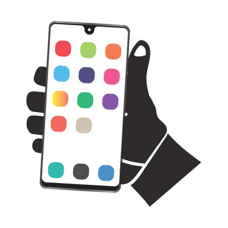 Hand holding  smartphone with colorful mobile apps flat vector iconのイラスト素材