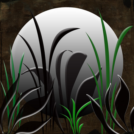 Digital painting of a moon as seen through grass and reeds.の写真素材