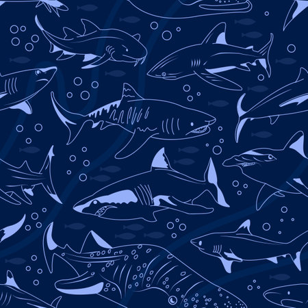 Shark vector seamless pattern. Square composition, endless marine preditor swatch. Underwater wallpaper design. Undersea textile print.のイラスト素材