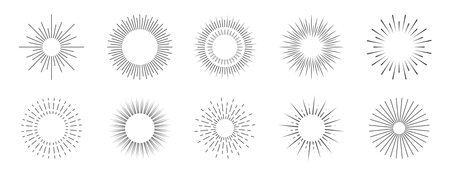 Sun ray set. Sunburst minimalistic collection. Vector sparkle ray. Decorative line sunlight.のイラスト素材