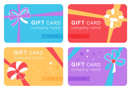 Gift card set. Colorful discount certificate template. Vector coupon voucher with bow and ribbon. Sale season concept.のイラスト素材