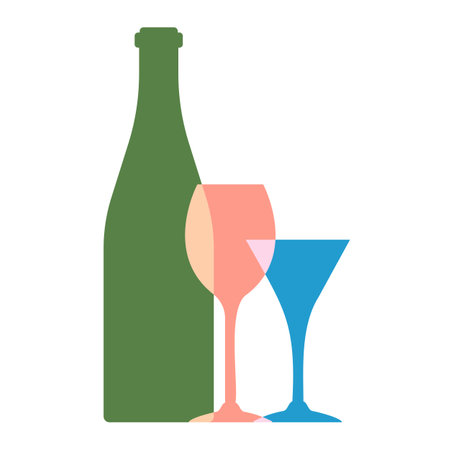 Champaine bottle with the silhouette of a glass. Simple shape alcohol emblem logo. Minimal simple silhouette of champaine bottle and different shape glass. Beverage trendy colors logotype.のイラスト素材