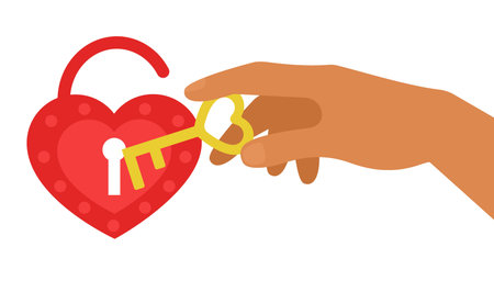 Male hand hold golden key to open red heart locker with keyhole. Graphic relationship secret concept. Marriage, dating, feelings security idea. Isolated element for poster, invitation, valentine card.のイラスト素材
