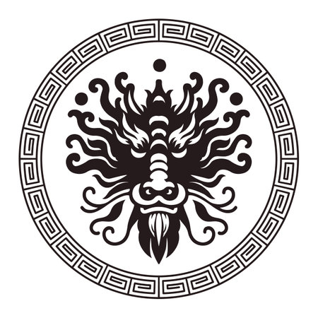 Dragon head front view inside ornamental frame.のイラスト素材