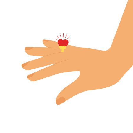 Female hand wearing a wedding ring. Heart shaped gemstone. Isolated. Elegant element for love, relationships, and jewelry design projects.のイラスト素材