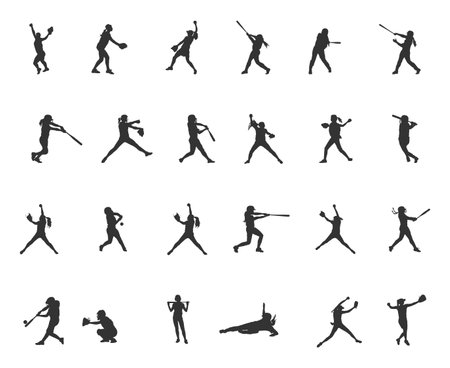 Softball player silhouettes, Softball silhouette, Softball player, Softball player vector -V02のイラスト素材