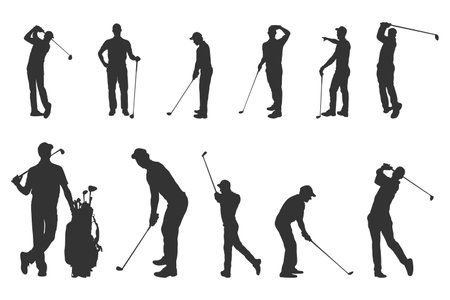 Golf player silhouettes, Golf player playing silhouetteのイラスト素材
