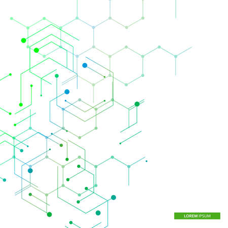 Vector illustration green connect hexagons connect abstract background. Technology dots and broken lines.のイラスト素材
