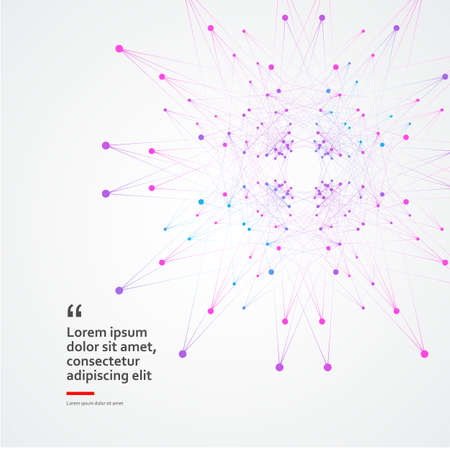 Abstract molecular compound of bright color with dots and lines which is on the right. Chemical medicine and scientific concept of vector illustration.のイラスト素材