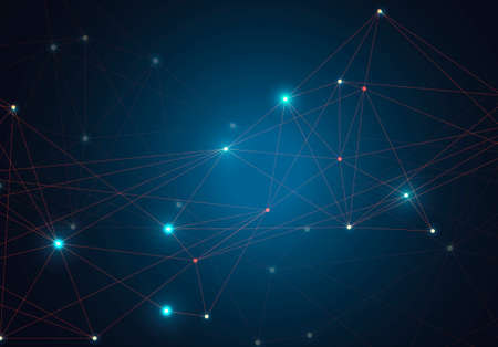 Abstract vector glowing bright molecules with dots and lines on blue background.のイラスト素材