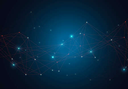 Abstract vector glowing bright molecules with dots and lines on blue background.のイラスト素材