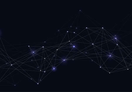 Abstract vector glowing bright molecules with dots and lines on blue background.