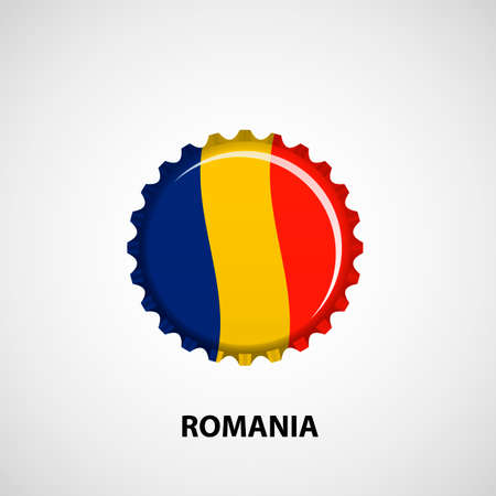 Flag bottle cap on white background. Romania flag background. Abstract isolated vector illustrationのイラスト素材