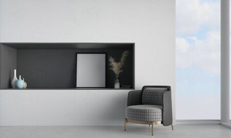 Minimalist interior design, with a modern armchairs in a living room, grey floor, with wall, mock...