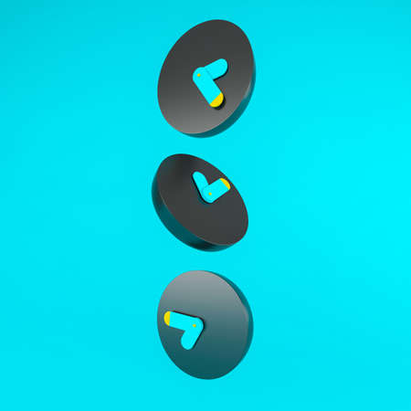3 black and blue and yellow alarm clock on blue backdrop falling down, time concept, minimal composition, Stylish abstract fractal spiral clock dial time spiral, 3D illustrationの写真素材