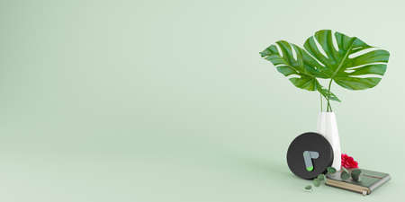 Black alarm clock and vases with leaves and note book and red flower on lighting green background, time concept, minimal composition, Stylish abstract clock, space for text and copy, 3D illustrationの写真素材