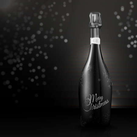 An elegant champagne bottle in modern black and white colors. Ideal for use in Christmas cards, Christmas congratulations, greetings, invitations, stickers, etc.のイラスト素材