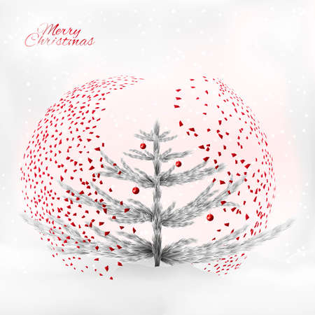 Art silver christmas tree under the modern designed confetti fall. Also a snowfall and christmas balls. Perfect for the print industry, Christmas congratulatory cards, invitations.のイラスト素材