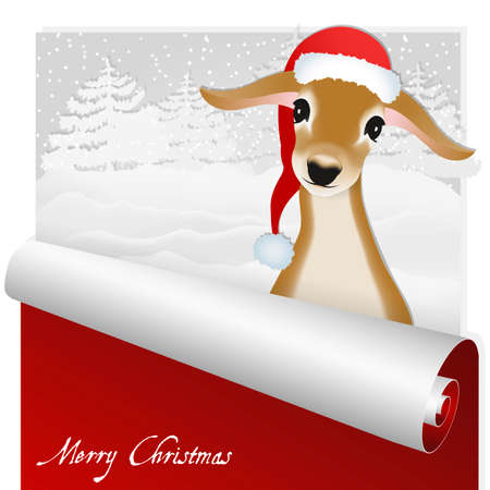 Christmas card with sweet deer in the flat snowy forest background. The Kurvet dissolves into a roll. Is ideal for everything from invitation cards to the background suited for print and web products.のイラスト素材