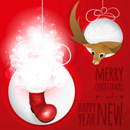 Abstract Christmas balls cutted from paper on red background with santas boot, magic glow and deer.  Is ideal for everything from invitation cards to the background suited for print and web products.のイラスト素材