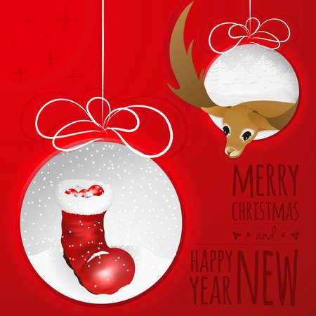 Abstract Christmas balls cutted from paper on red background with santas boot, balls and deer.  Is ideal for everything from invitation cards to the background suited for print and web products.のイラスト素材