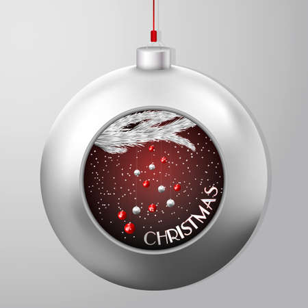 Christmas Ball with a fir branch and little christmas balls under the snowfall inside. Beautiful modern design that fits perfectly with Christmas cards and Christmas campaigns, print and web products.のイラスト素材