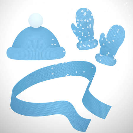 a cuddle realistic set of knitted mittens, cap and scarf with 3D effect. Is perfect as a template, mockup or similar design element. Easy to process.のイラスト素材
