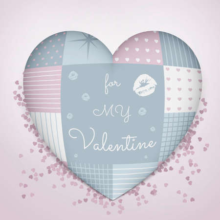 A beautiful realistic 3D pillow in shape of a heart maked as patchwork and confetti. Very sensual, tender and romantic. A perfect fit for all products for Valentine's Day.のイラスト素材
