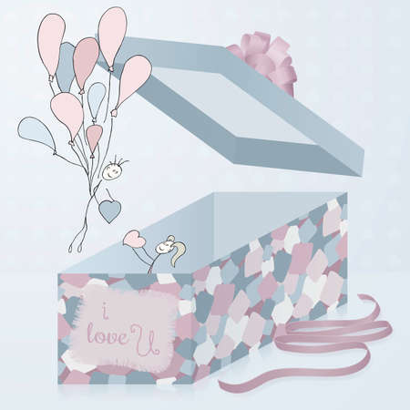 A template gift box with patchwork texture, 3d. With hand drawn artistic pair as design element. Trendy, fancy. Very sensual, tender and romantic. Fit for all products for Valentine's Day.のイラスト素材